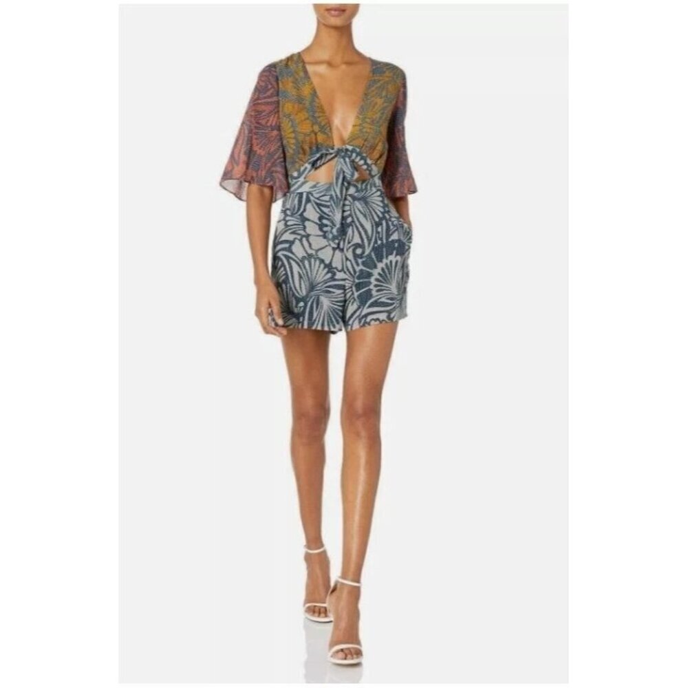 BCBG MaxAzria Ivy Print Blocked Tie Front Romper NEW Size Small